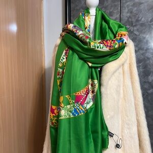 CHANEL Green and Pink Silk Scarf